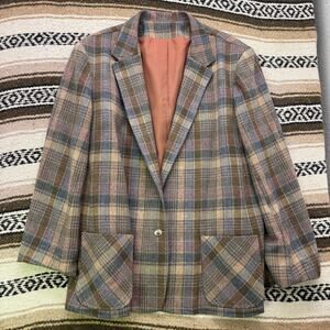 Women's Vintage 1980's More Century Brown Plaid Wool Blazer Jacket Coat Sz XL